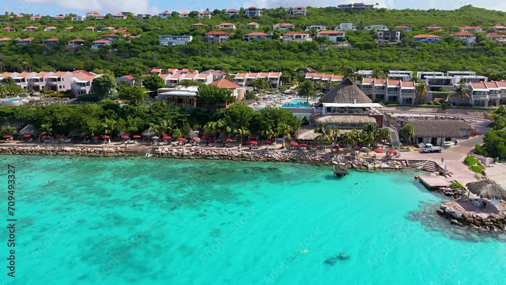 Aerial establishing view of Karakter tropical Caribbean beach in Curacao on beautiful sunny day