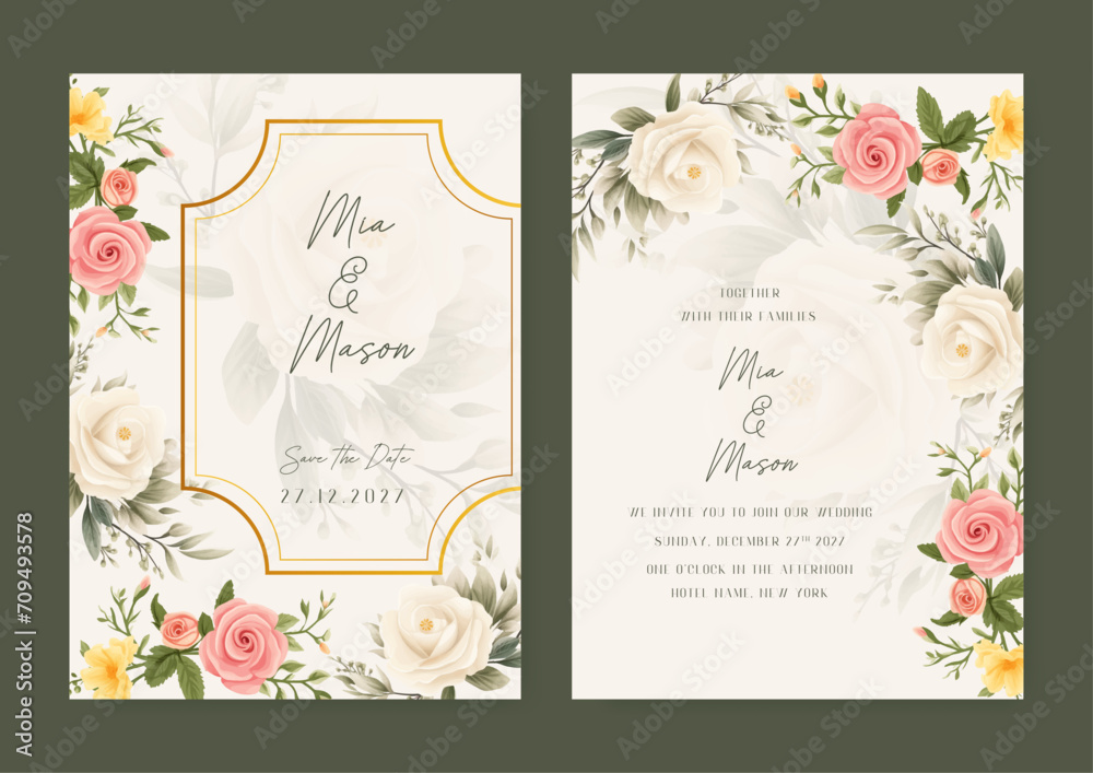 Yellow pink and white rose floral wedding invitation card template set with flowers frame decoration