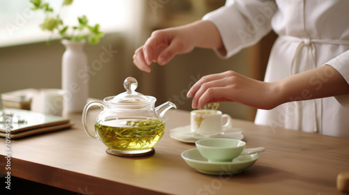 hands Making tea, Cup of Healthy Hot Green Herbal Beverage - Fresh Ingredients on a Decorated Table Banner