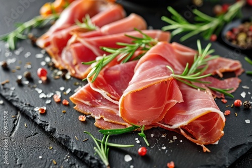 Slices of tasty cured ham with rosemary.