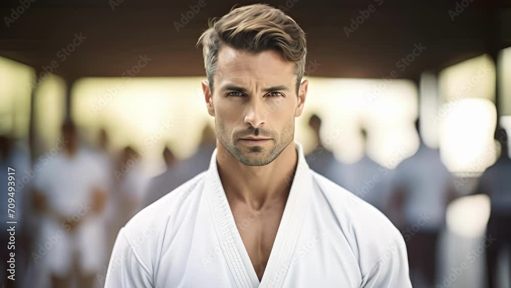A Caucasian male martial artist standing still and exuding confidence with a defocused martial arts training facility in the background. A Caucasian male martial artist standing still and exuding confidence with a defocused martial arts training facility in the background.