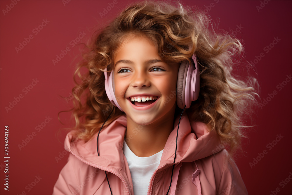 A little curly smiling girl, using headphones, in pink colors, with pink background