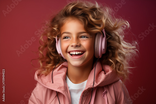 Obraz na płótnie A little curly smiling girl, using headphones, in pink colors, with pink background w salonie