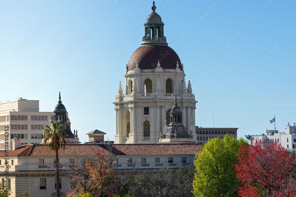 Pasadena City Hall main tower, shown in Los Angeles County, California. This historic building was completed in 1927.