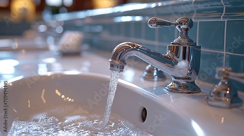 Water tap or faucet flow water in bathroom with sink. Hygiene and Modern clean house concept. photo