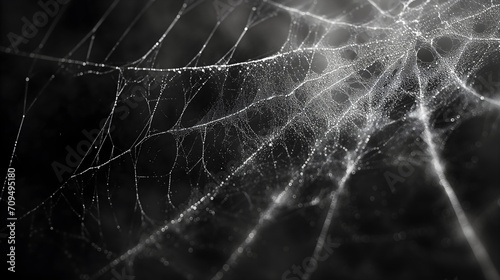 Detailed shot of a spider web glistening with dew drops against a dark, mysterious background, creating a natural yet eerie atmosphere
