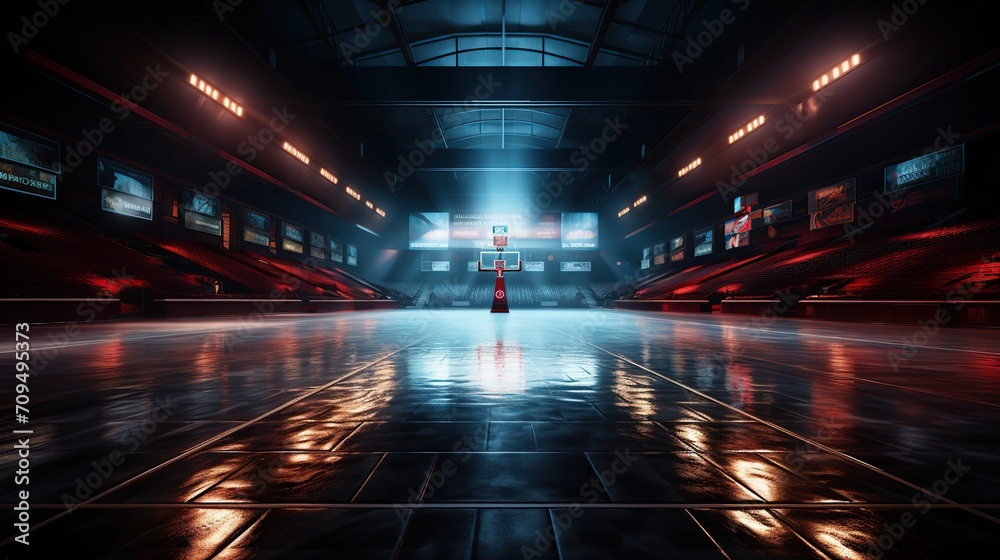 A cinematic and realistic high-ceiling basketball court in the night.