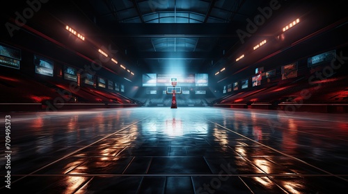 A cinematic and realistic high-ceiling basketball court in the night. © Mas
