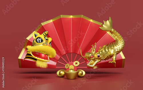 3d fan with lion dance head, dragon, chinese gold ingot, coin for festive chinese new year holiday. 3d render illustration