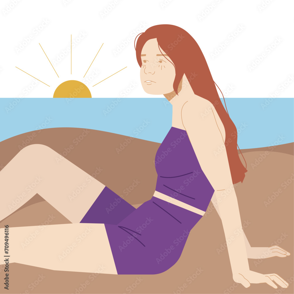 woman relax on the beach in flat illustration