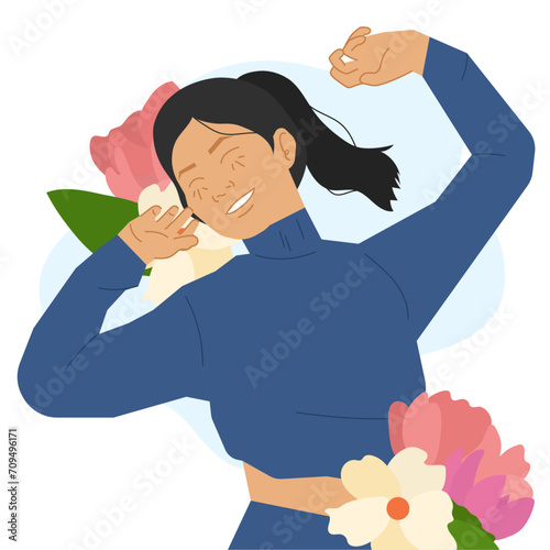 happy confidence woman jumping in flat illustration