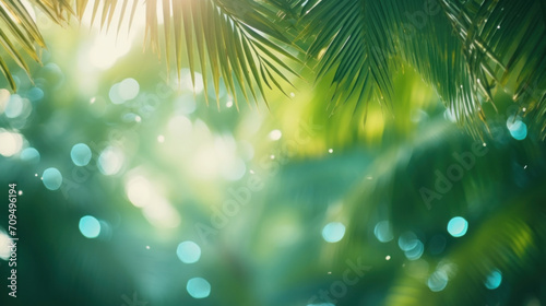 Soft bokeh lights filter through the lush greenery of tropical palm leaves, creating a dreamy and secluded atmosphere. © tashechka