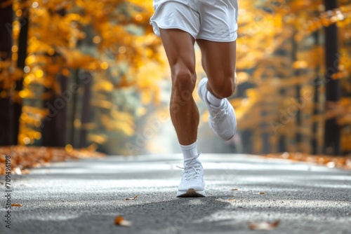 Runner athlete running on road in autumn forest. woman fitness jogging workout wellness concept.