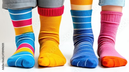 Odd socks day concept. Children's legs in different socks on a white background. photo