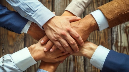 business  people and teamwork concept - close up of group of businesspeople hands on top of each other over wooden background