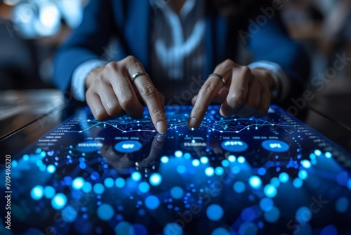 Businesswoman working on digital tablet in office, closeup of hands