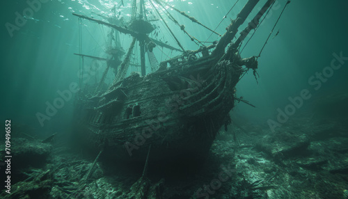 Abandoned ship wreck in the sea, underwater landscape photo