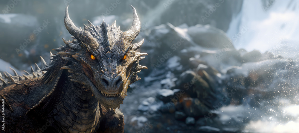 Close-up of a dragon with an aggressive muzzle against a snowy mountainous background.