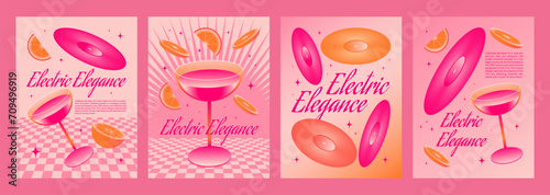 Y2k retro style poster template with cocktail in glass, vinyl records and orange slices in bright neon acid pink color. 2000s aesthetic banner layout with drink and music elements and text box.