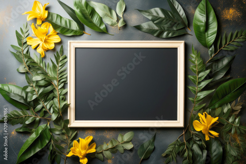 Blank frame surrounded by leaves and flowers.