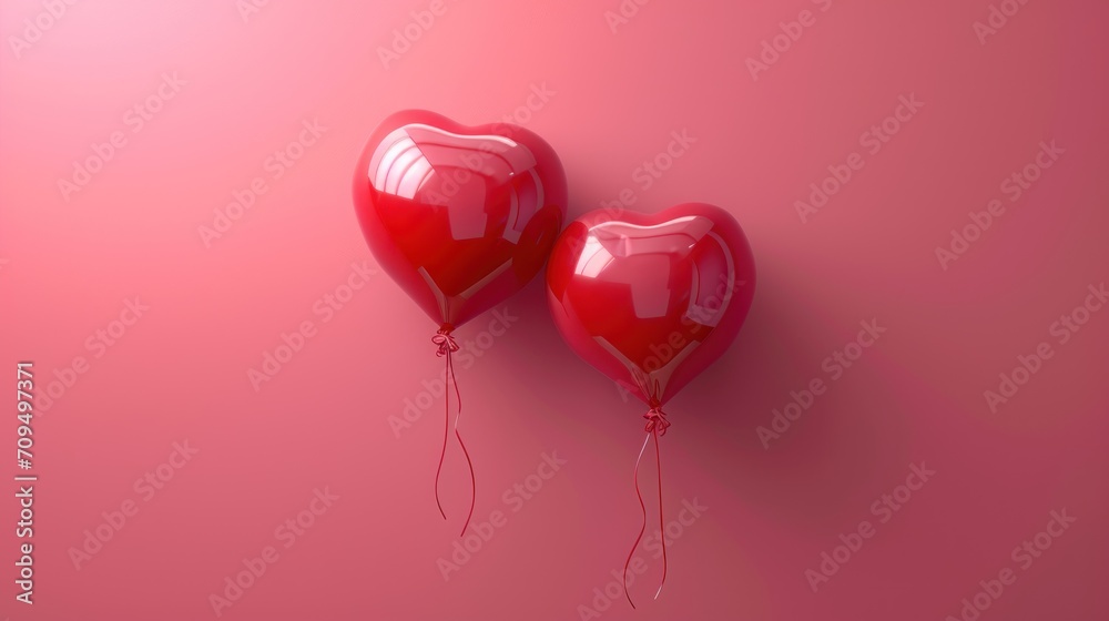  two red heart - shaped balloons on a pink background, one is tied to a string and the other is tied to a string.