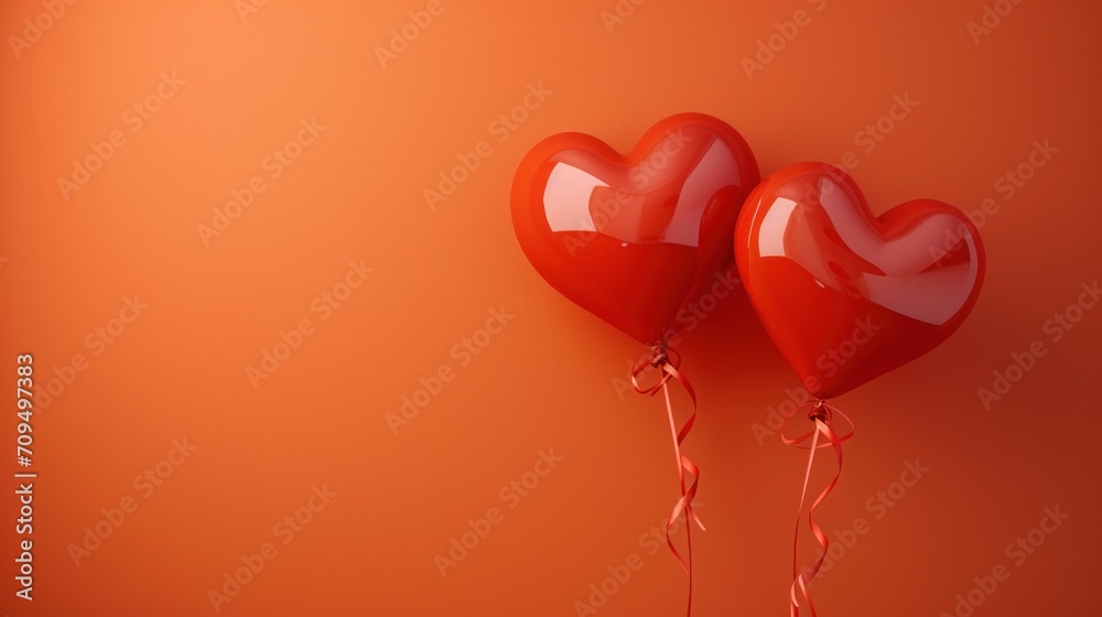 two red heart shaped balloons tied to each other on an orange background with a red ribbon on the end of the balloons. two red heart shaped balloons tied to each other on an orange background with a red ribbon on the end of the balloons.