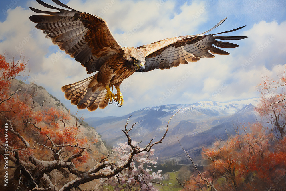 Obraz premium Red-tailed buzzard, Chicken Hawk, Mouse Hawk, Hen Hawk, Red-tail flying