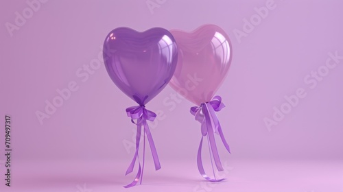  a pair of heart shaped balloons tied to a string with a bow on the end of each of the balloons.
