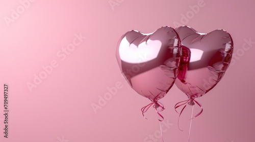 a couple of heart shaped balloons sitting on top of a pink table with a pink wall in the back ground.