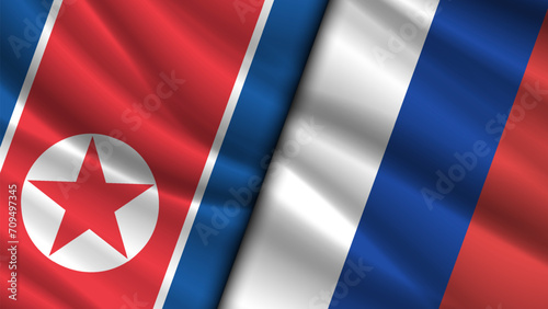 Vector wavy state flags of the North Korea and the Russian Federation. Friendly relations. Political economic banner. Symbols of countries. photo