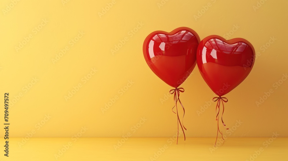 two red heart - shaped balloons tied to each other on a yellow surface with a yellow wall in the background. two red heart - shaped balloons tied to each other on a yellow surface with a yellow wall in the background.