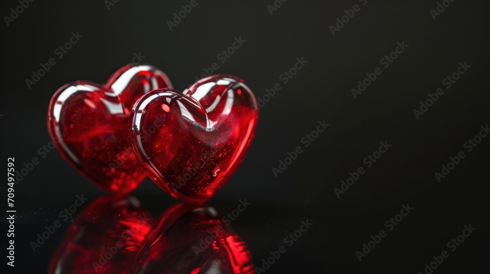 a couple of red glass hearts sitting on top of a black surface with a reflection of them in the glass. a couple of red glass hearts sitting on top of a black surface with a reflection of them in the glass.