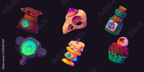 Set of magic game assets isolated on black background. Vector cartoon illustration of old sack, bird skull, poison bottle, mirror portal, candle, muffin with spooky eyeball, Halloween design elements