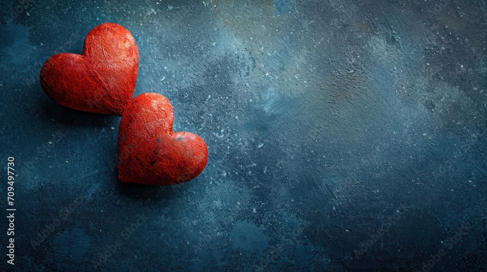 two red hearts sitting next to each other on top of a blue surface with drops of water on the surface. two red hearts sitting next to each other on top of a blue surface with drops of water on the surface.