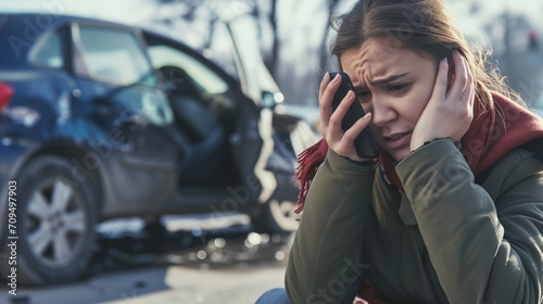 A young woman Distraught, Holding His Head in Despair, With her Damaged Car from the Accident Nearby.Uninsured motorist coverage concept. photo