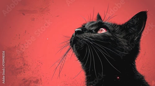  a close up of a black cat's face on a red background with a black cat's head.
