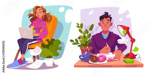 Male and female freelancers working home. Vector cartoon illustration of young woman sitting in armchair, typing on laptop, man in sweater writing on paper, coffee and donuts on desk, remote job © klyaksun