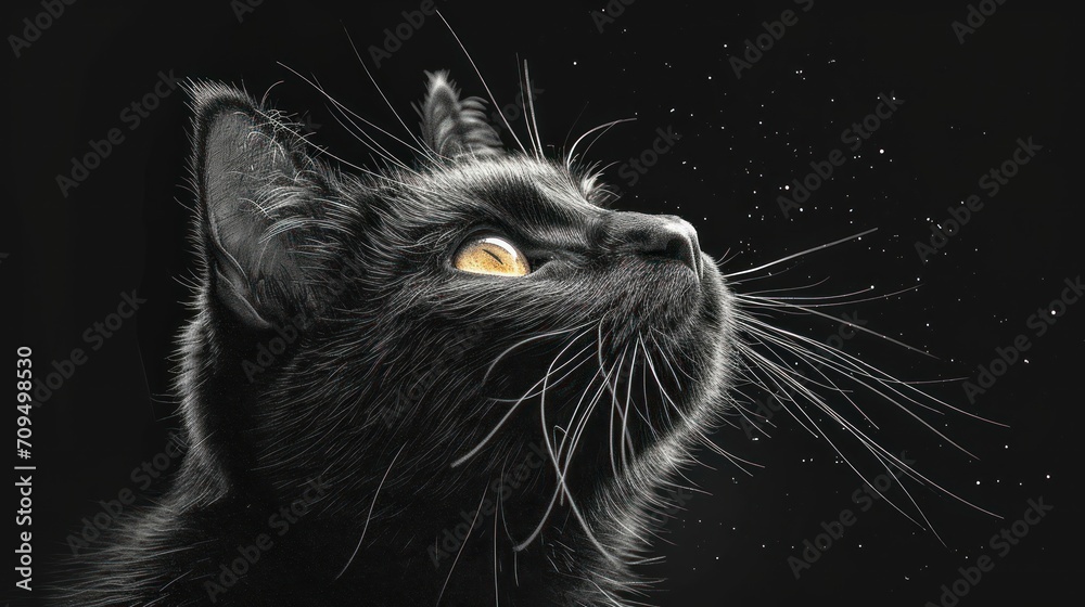 a close up of a black cat's face looking up at the sky with stars on a black background. a close up of a black cat's face looking up at the sky with stars on a black background.