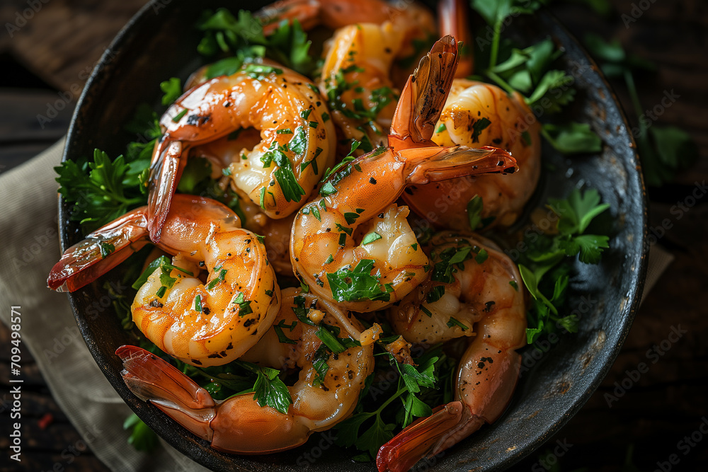 Top view of Grilled shrimp with lemon and cut coriander in old bowl on table. Top view of Grilled shrimp with lemon and cut coriander in old bowl on table.