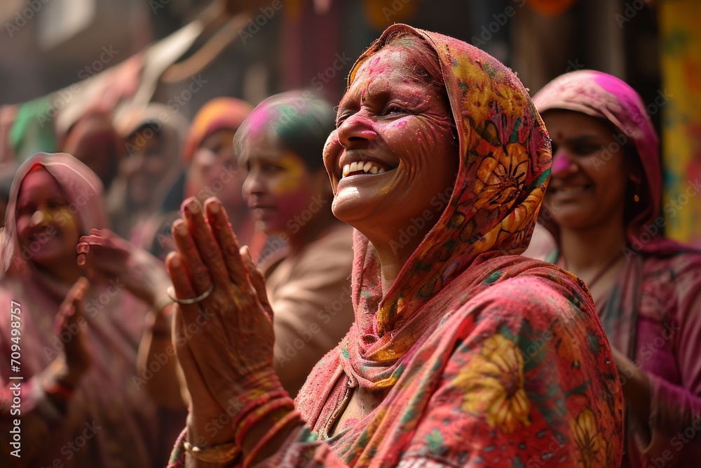 An elderly woman radiates joy amidst the Holi festival, her face painted with colorful powder