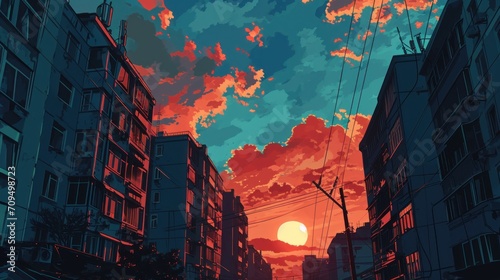  a painting of a sunset in a city with tall buildings and power lines in the foreground and a red and blue sky in the background.