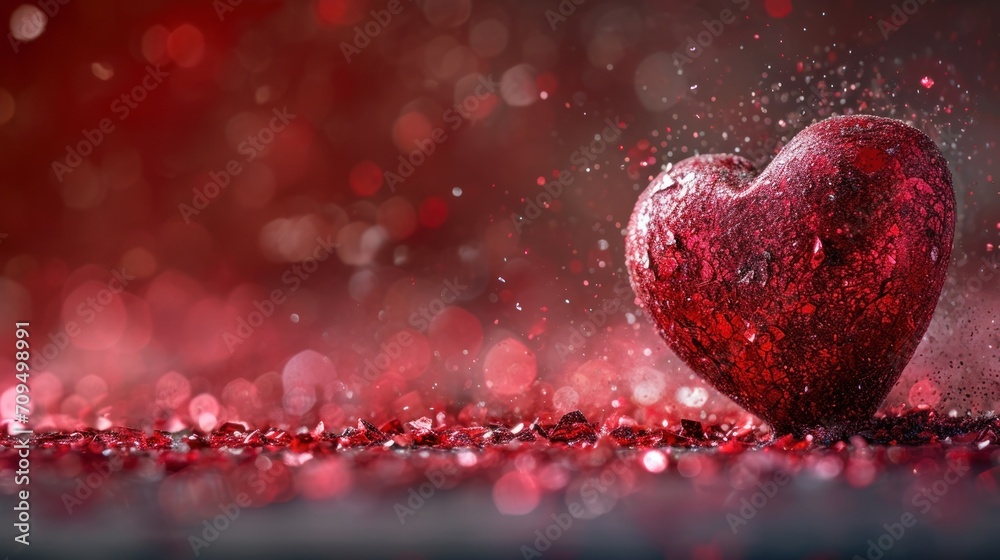 a red heart sitting on top of a table next to a red and black background with lots of drops of water. a red heart sitting on top of a table next to a red and black background with lots of drops of water.