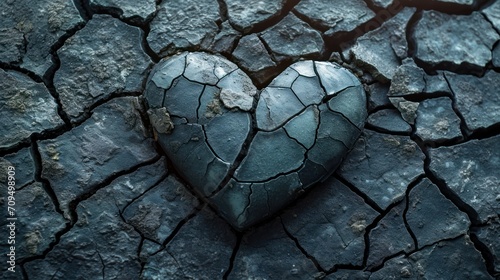  a heart shaped piece of metal sitting on top of a cracked dirt ground with a crack in the middle of it.