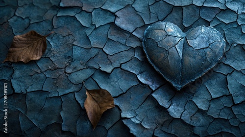  a heart shaped piece of metal sitting on top of a cracked surface with a leaf on the ground next to it.