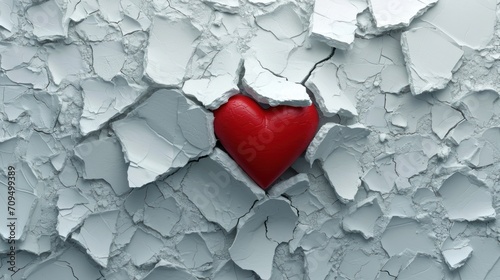  a red heart in the middle of a crack in a white wall with paint peeling off the side of it.