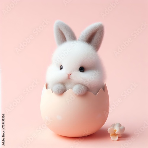 Cute fluffy white Easter bunny toy in egg on a pastel pink background. Minimal Easter holiday concept. Wide screen wallpaper. Web banner with copy space for design. © Intergalactic Rada
