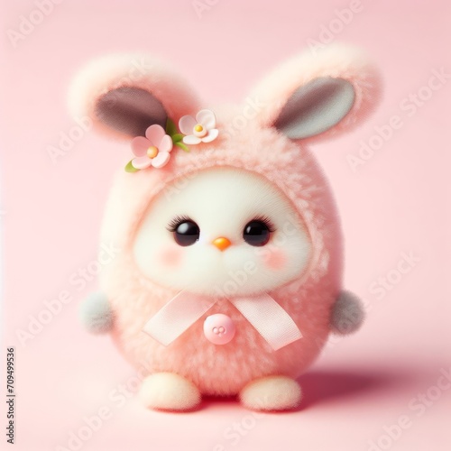 Сute fluffy baby white owl bird toy dressed in a bunny suit on a pastel pink background. Minimal adorable animals concept. Wide screen wallpaper. Web banner with copy space for design.