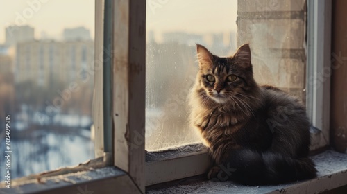  a cat sitting on a window sill looking out of it's window sill, with a city in the background.