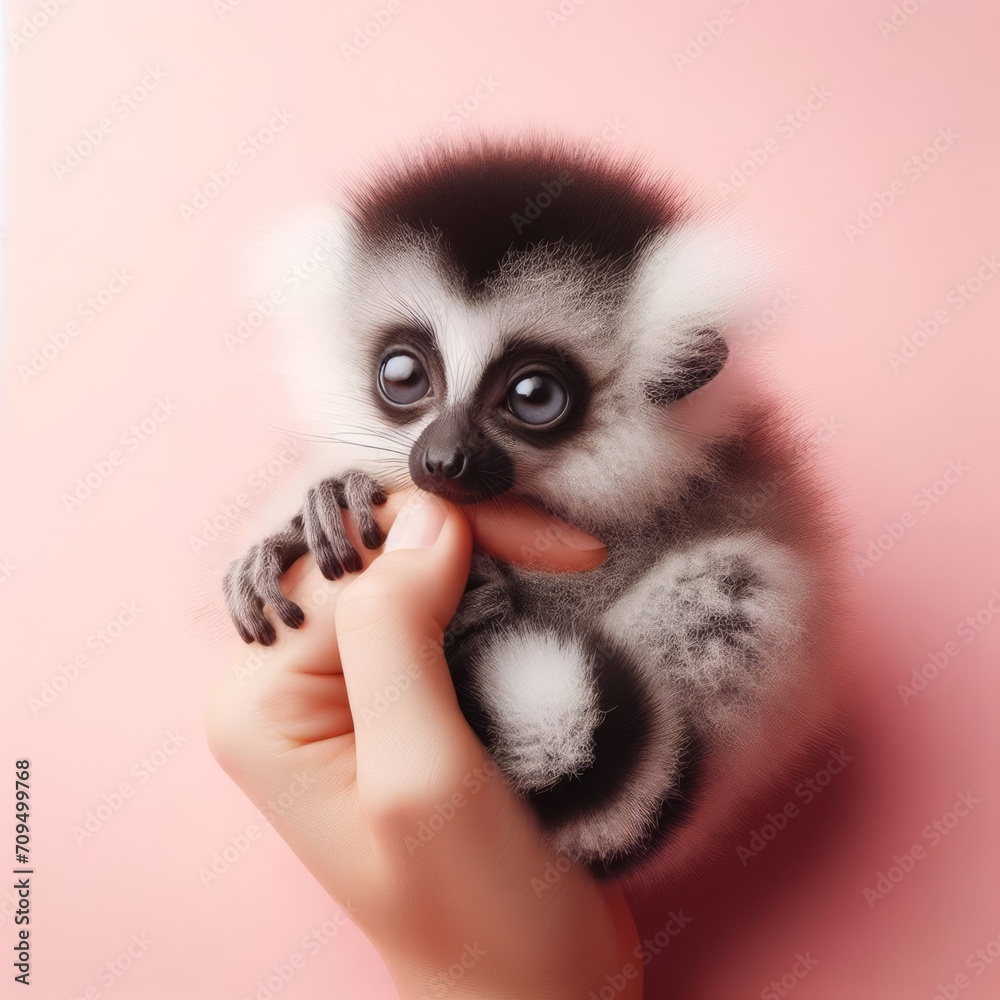 Obraz premium Сute fluffy baby lemur toy with big eyes in a hand on a pastel pink background. Minimal adorable animals concept. Wide screen wallpaper. Web banner with copy space for design.