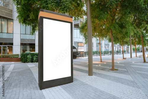 Blank electronic advertising poster with blank space screen for text message or promotional content, clear banner in urban setting, empty poster, public information billboard photo